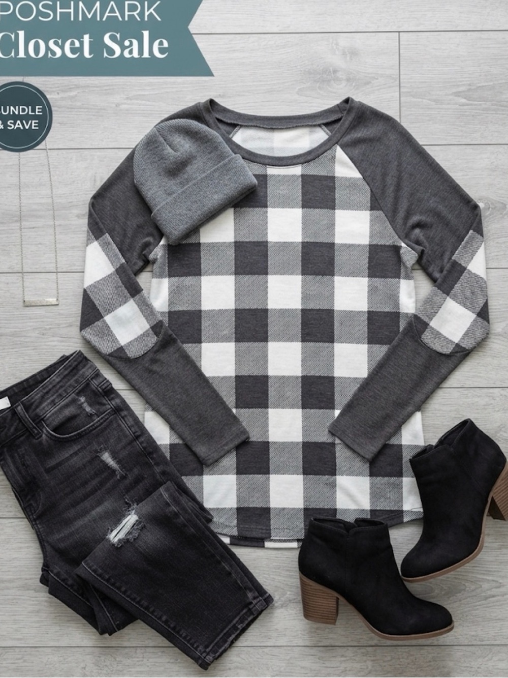 Buffalo Plaid Raglan Long Sleeve Top - Gray